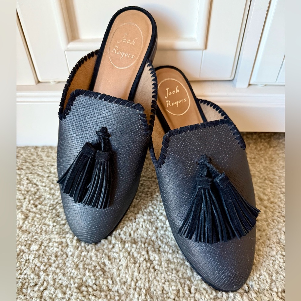 Jack Rogers Black Leather Tassel Suede Delaney Mule Slip-On Loafer SIZE 7.5